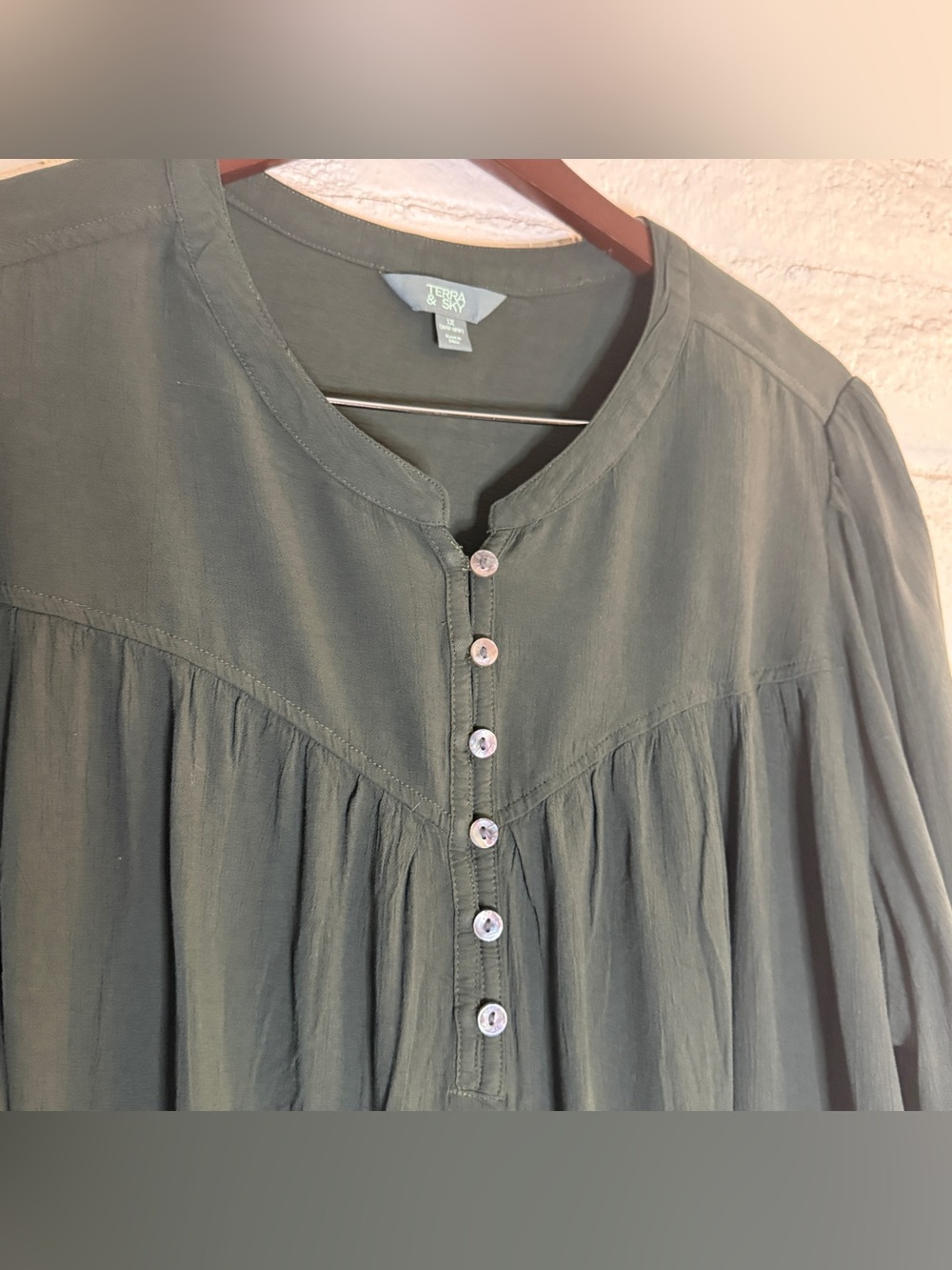 Pleated Button-Front Long Sleeve Blouse in Olive Green - Picture 2 of 5